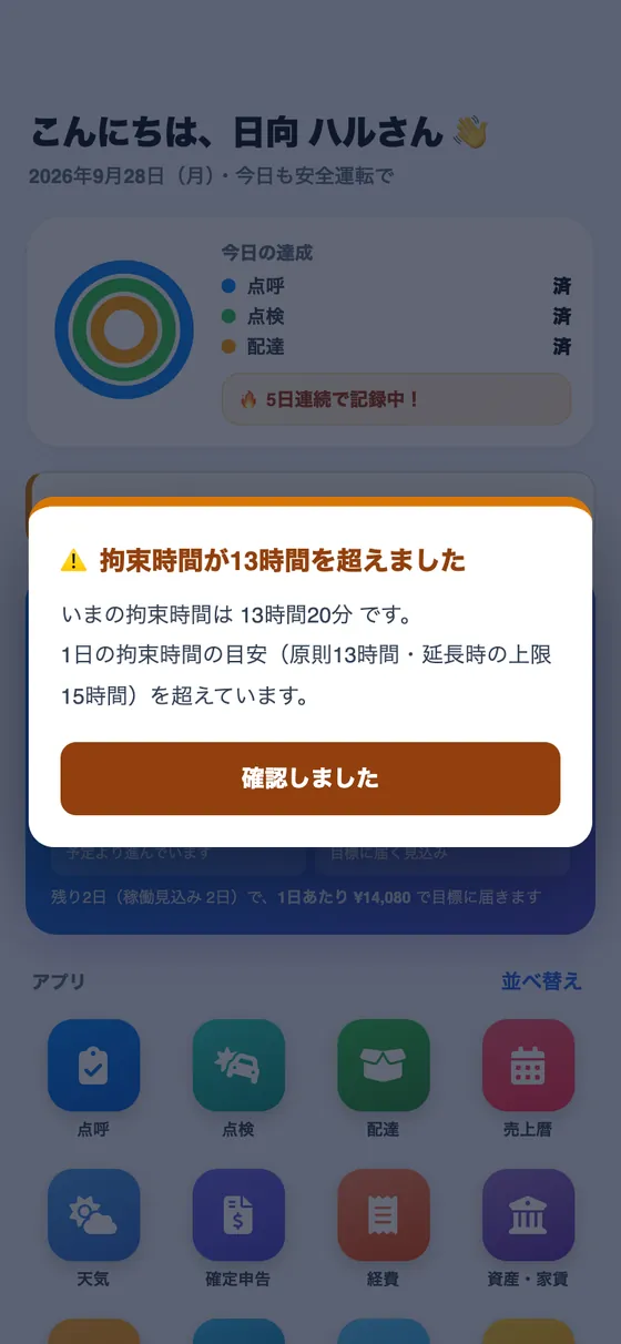 拘束時間が13時間を超えたことを知らせる画面