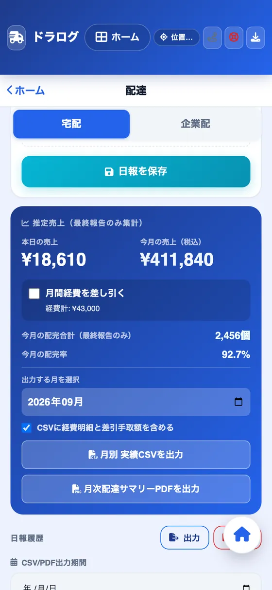 配達日報の入力画面。本日の売上が自動計算されている